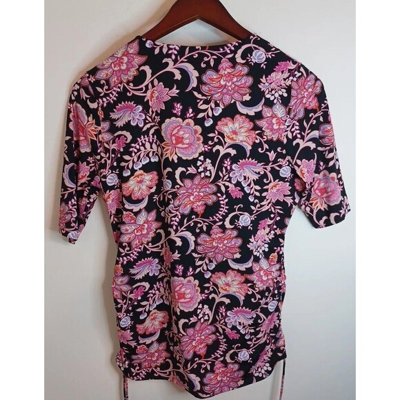 Lands End Knit Pullover Top S Pink Floral Shortsleeve V Neck Spandex Stretchy - Picture 2 of 13